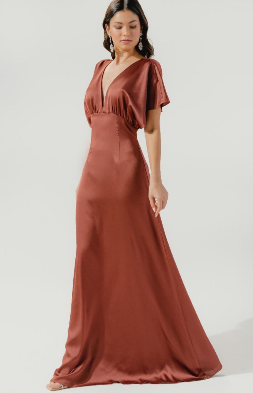 Rust-Darling Flutter Sleeve Cut Out Satin Maxi Dress