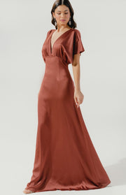 Rust-Darling Flutter Sleeve Cut Out Satin Maxi Dress