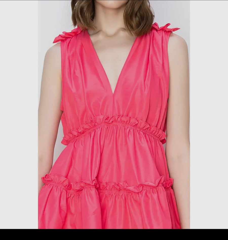 Ina V neck ruffle mini dress- Hot pink