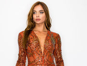 Rust- sequin long sleeved, bodycon dress