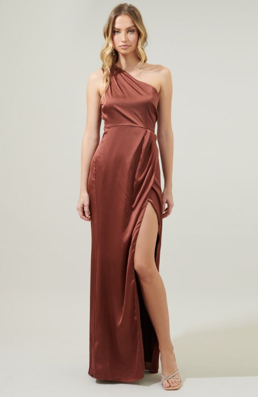 Rust color-Prestige One Shoulder Asymmetrical Maxi Dress
