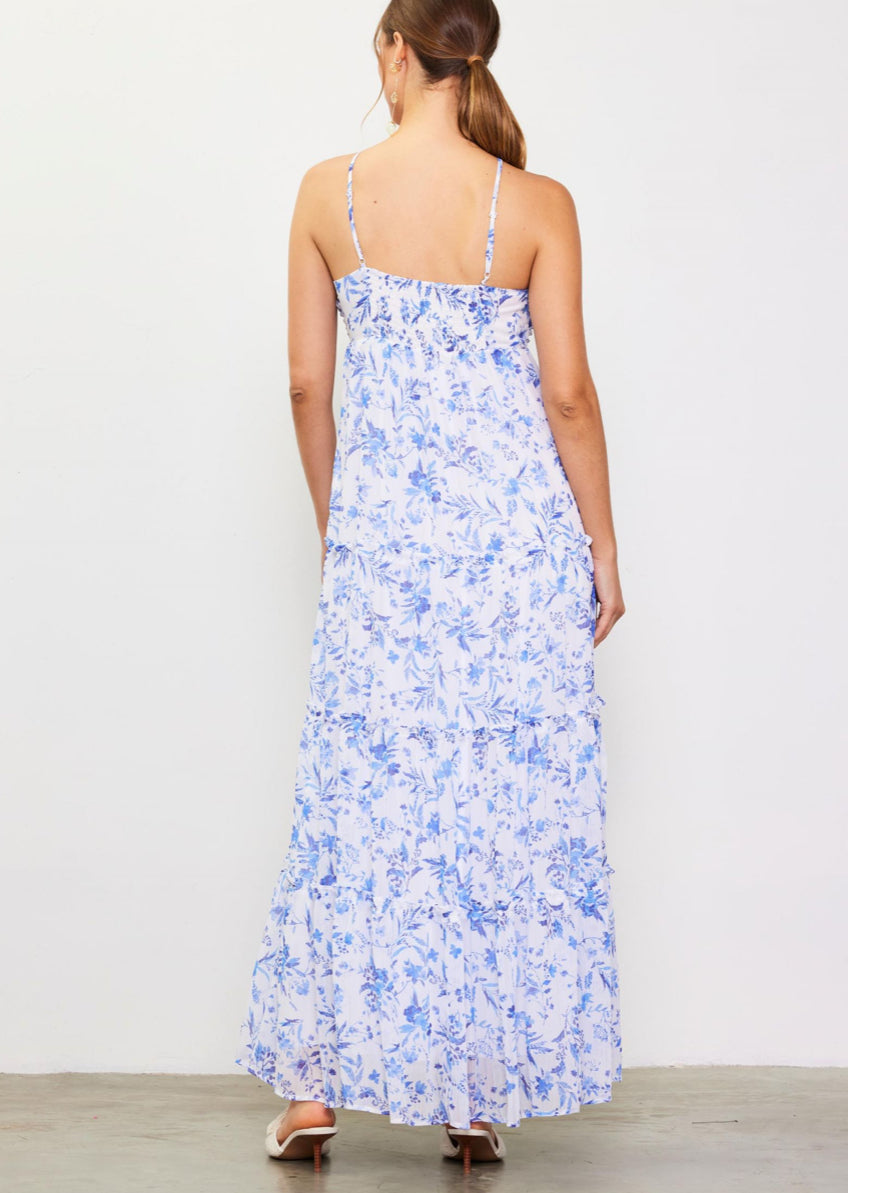 Blue and white floral alter neck rosette maxi dress