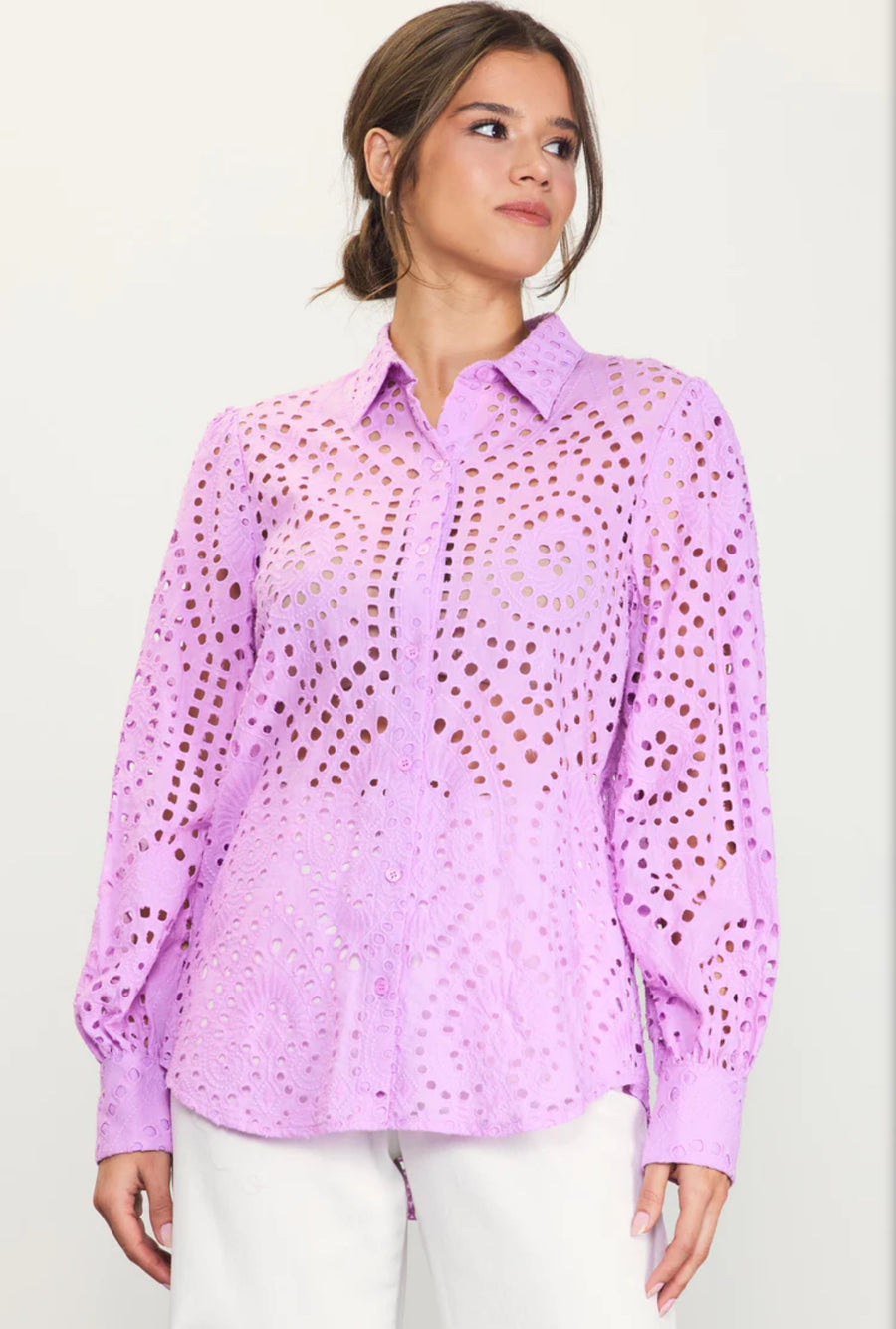 Pink Lavender-EYELET LONGSLEEVE BLOUSE