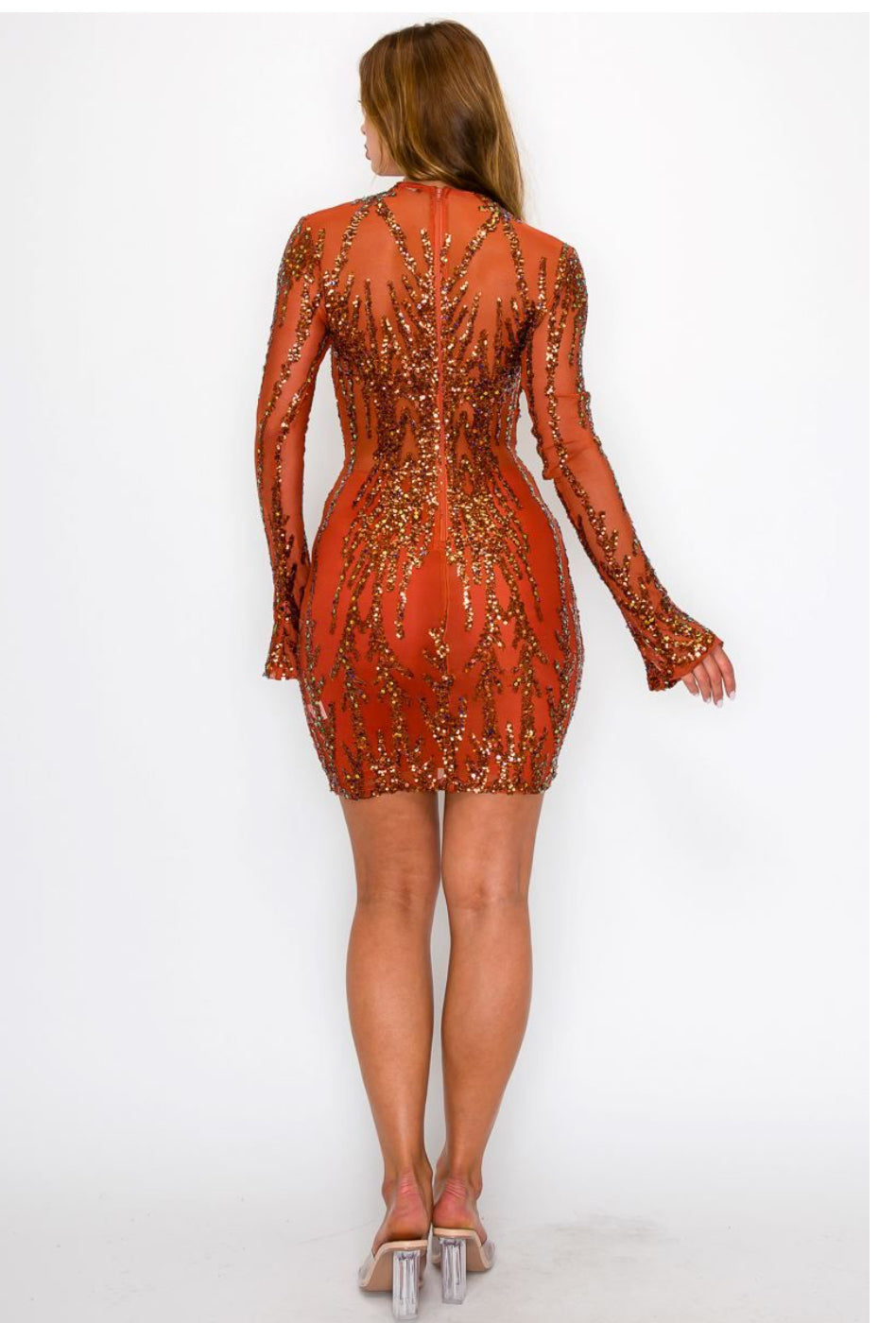 Rust- sequin long sleeved, bodycon dress