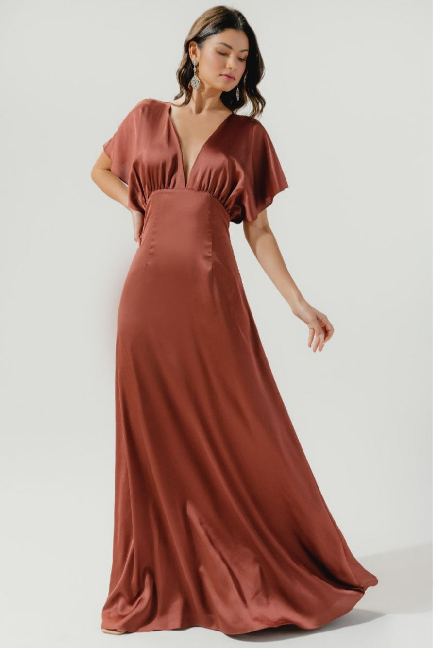 Rust-Darling Flutter Sleeve Cut Out Satin Maxi Dress