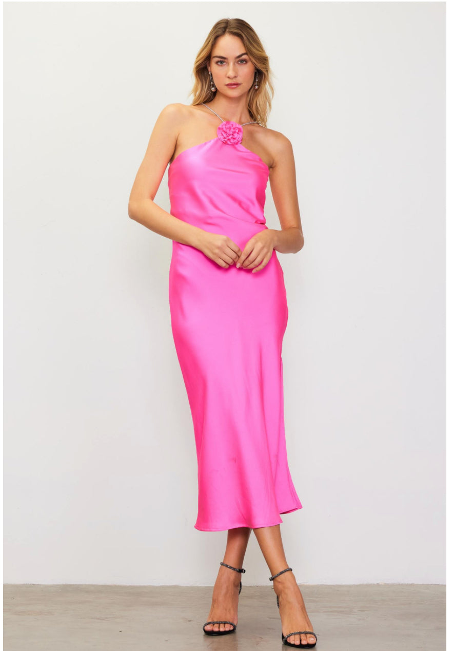 Burble-gum Pink Rosette Halter Dress With Embellished Strap