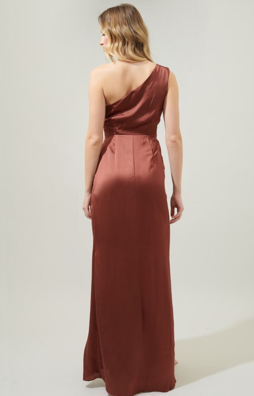 Rust color-Prestige One Shoulder Asymmetrical Maxi Dress