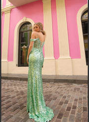 Sage Off the shoulder sequel Open Back corset gown