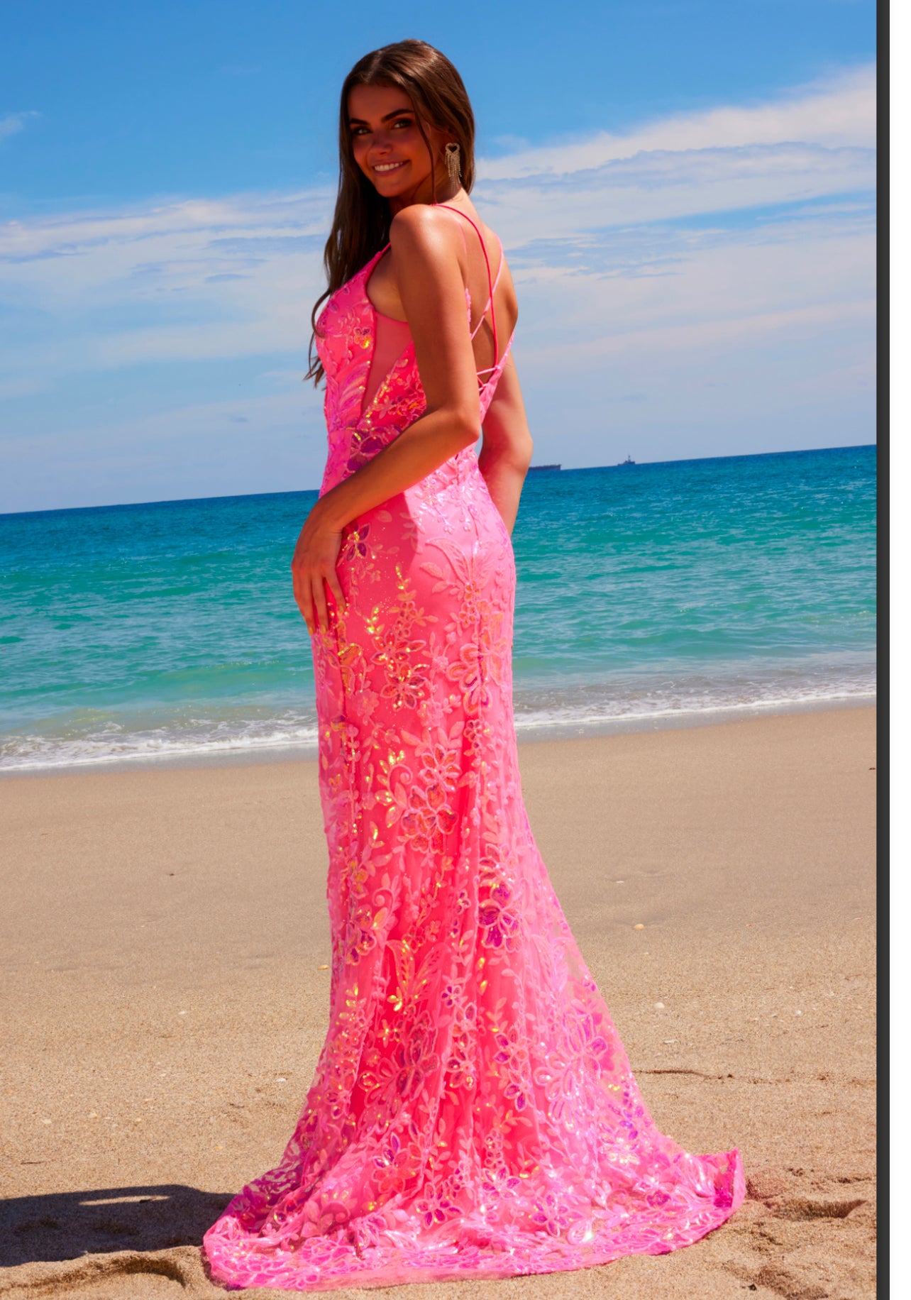 Hot pink sequence Floral design gown