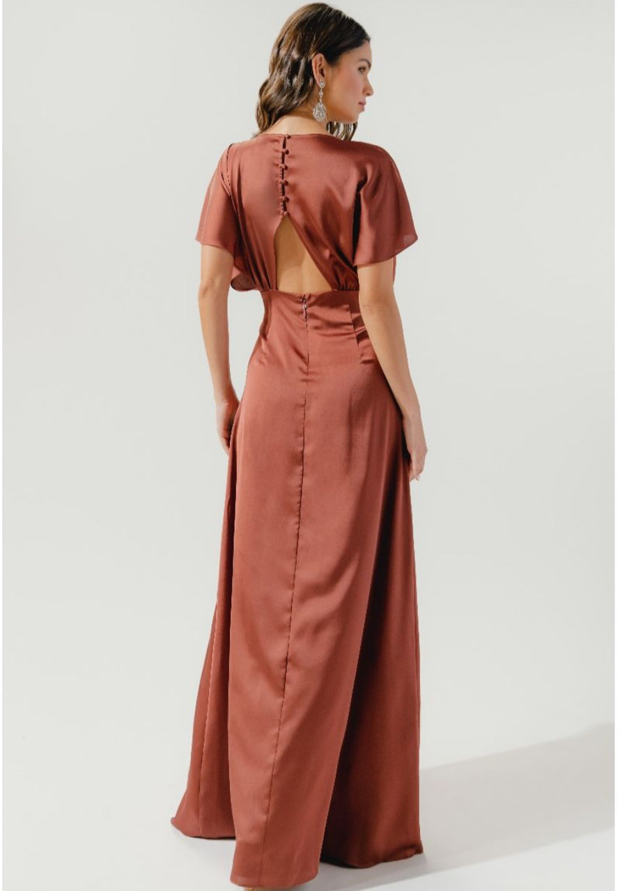 Rust-Darling Flutter Sleeve Cut Out Satin Maxi Dress