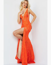 Orange Nude Plunging Neck Lace Dress