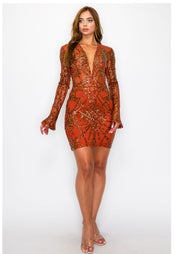 Rust- sequin long sleeved, bodycon dress