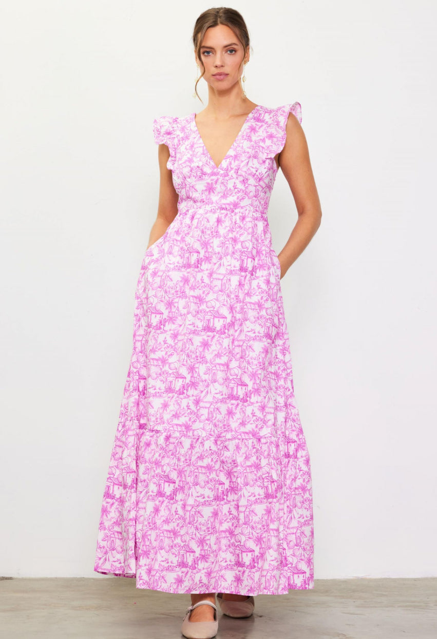 Pink White -Daphne Floral Print Ruffle Maxi Dress