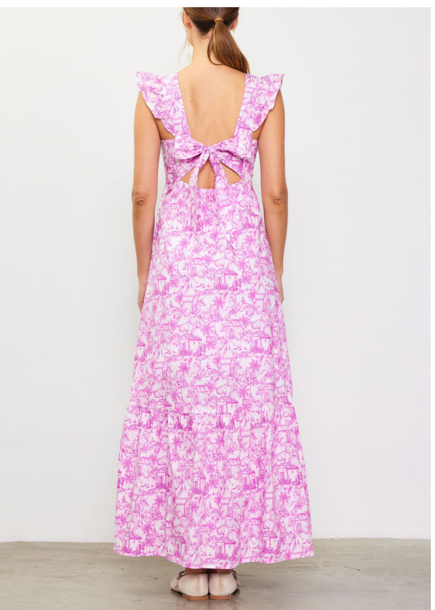 Pink White -Daphne Floral Print Ruffle Maxi Dress