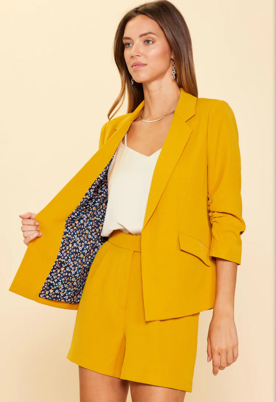 Mustard-RECYCLED SHIRRED SLEEVE BLAZER