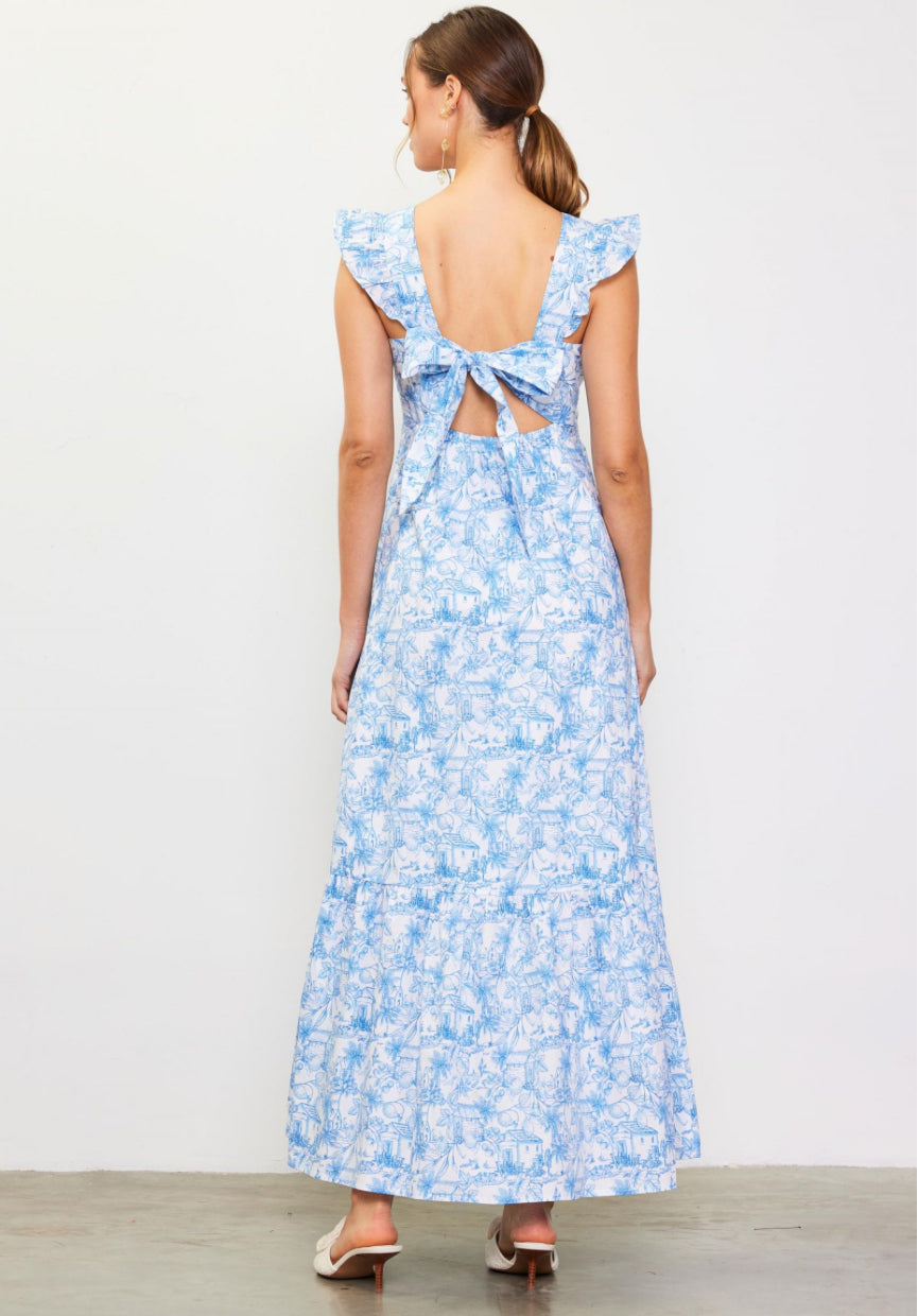 Blue White Daphne Floral Print Ruffle Maxi Dress