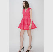 Ina V neck ruffle mini dress- Hot pink