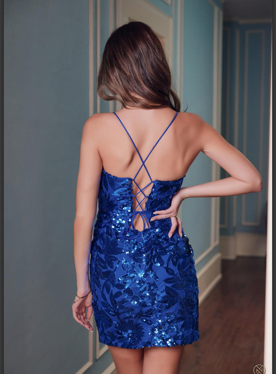 Blue Sequins plunging V neck Mini Dress