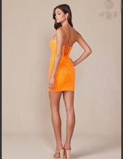 Orange sequins floral patterns mini dress