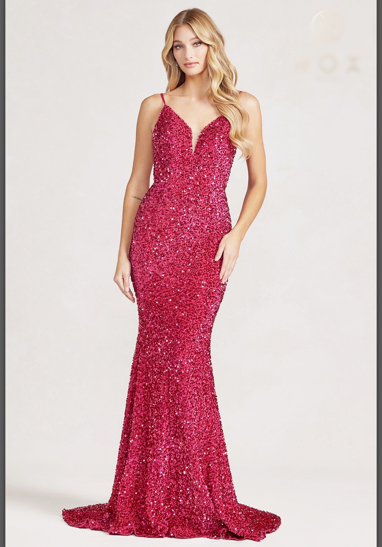 Fuchsia-Sequin Mermaid Gown with Intricate Detailing