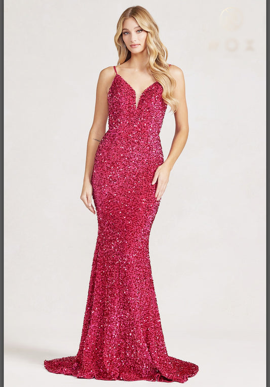 Fuchsia-Sequin Mermaid Gown with Intricate Detailing