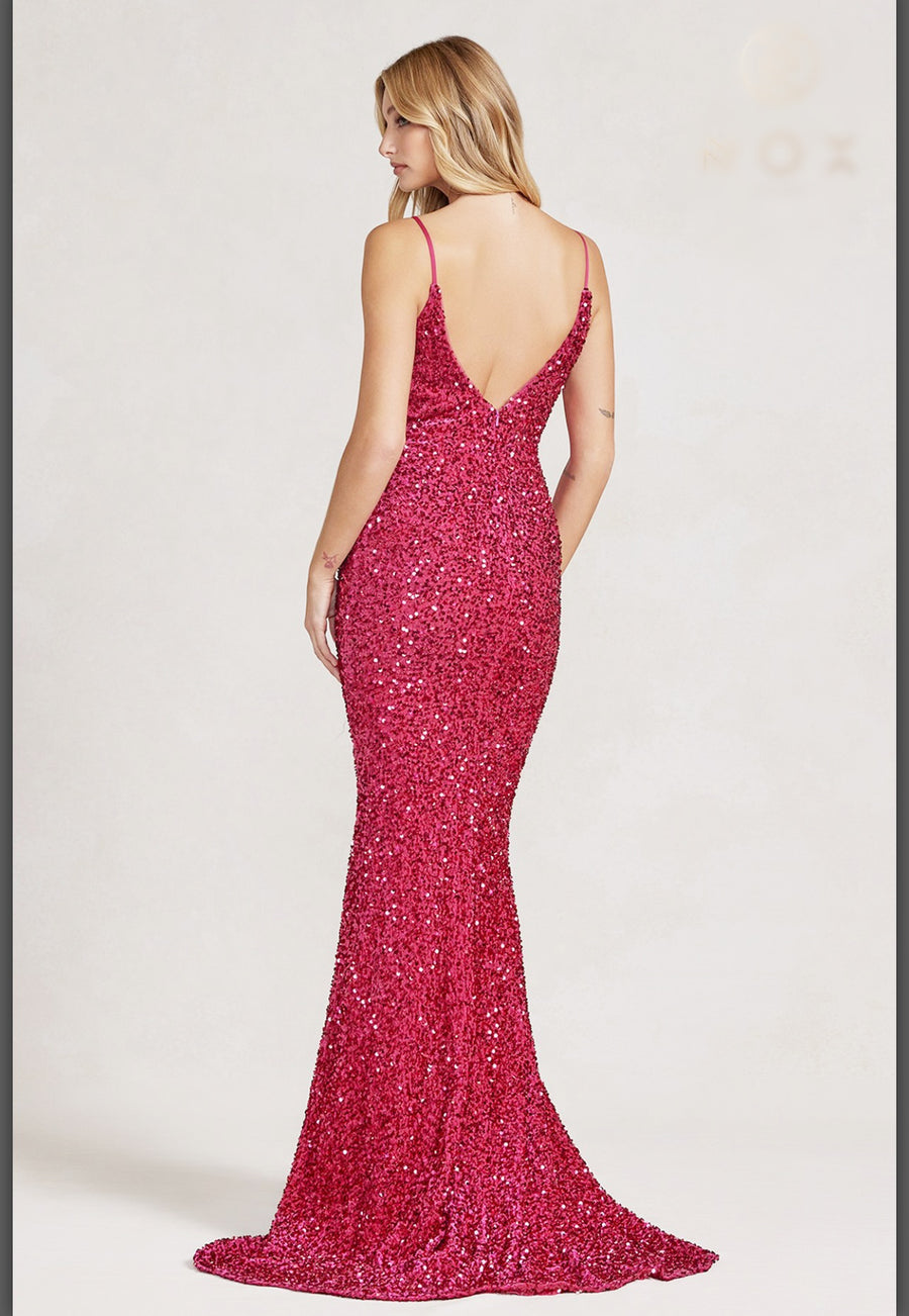 Fuchsia-Sequin Mermaid Gown with Intricate Detailing