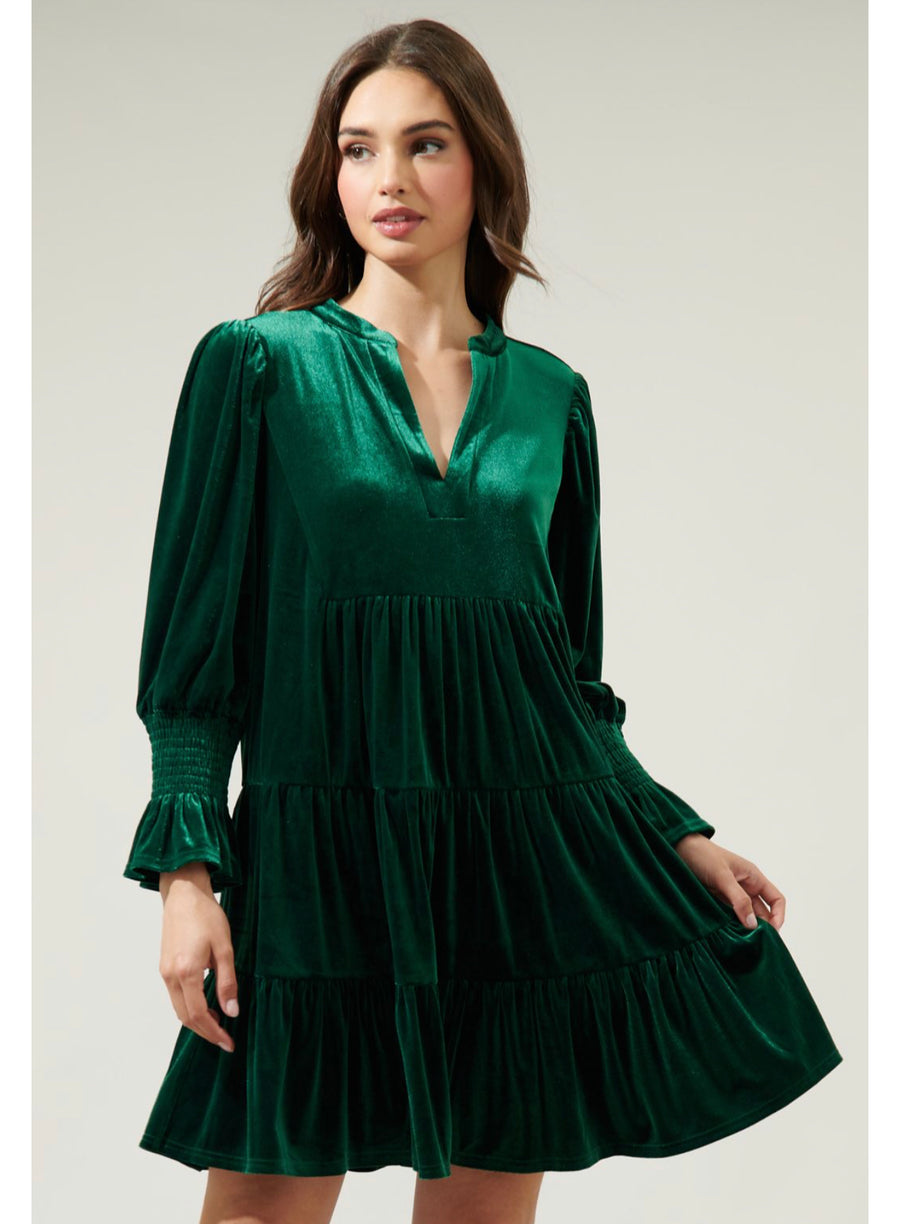 Hunter Green Lagoon Velvet Baby doll Dress