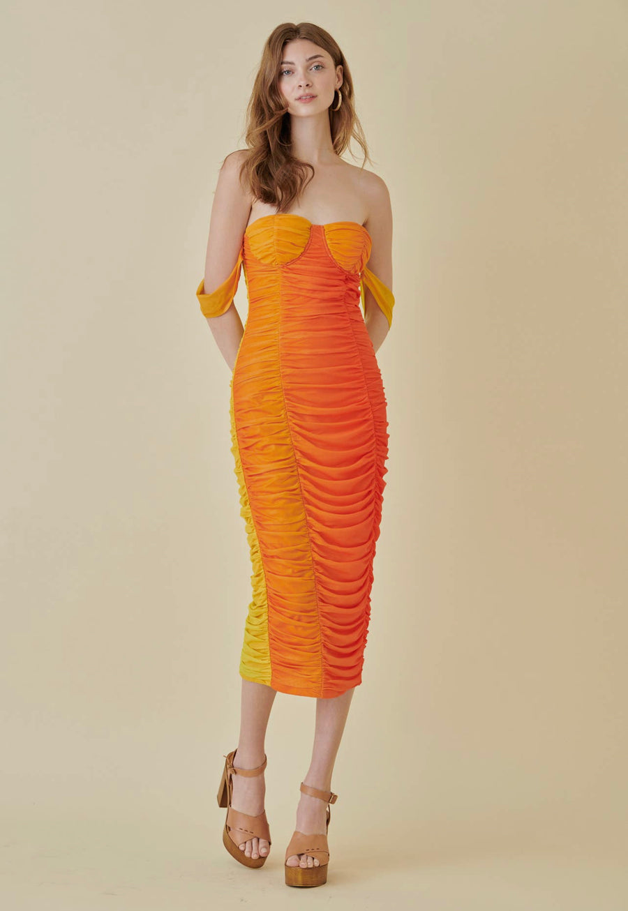 Ombré Yellow Orange Ruched Mesh Dress